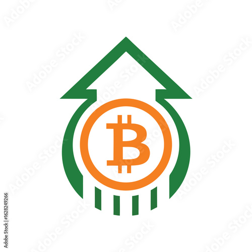 Bitcoin cryptocurrency growth symbol with upward arrow and circular design on white background