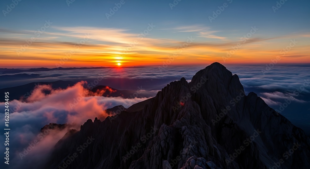 Fototapeta premium Majestic Mountain Peak at Sunset Above Cloud Inversion