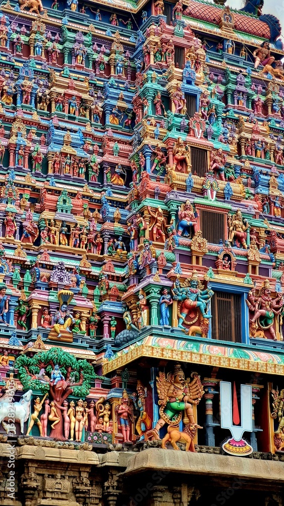 Fototapeta premium Intricately sculpted gopuram (tower) of Azhagar Temple, a historic Dravidian-style Hindu temple in Madurai, Tamil Nadu, India. The colorful carvings depict mythological figures and divine stories.