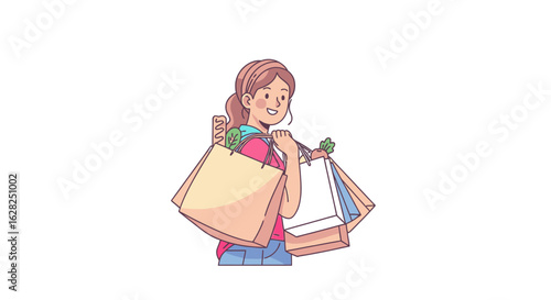 A cheerful woman on a shopping spree, happily carrying bags filled with groceries and goods, concept AIzaSyA4MiyLO_iMNz9cmtUvUYng6zwvjaqQWt8.