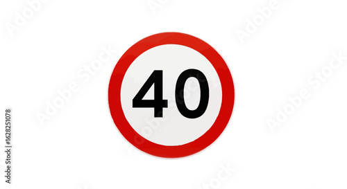 Circular road traffic sign for a 40 speed limit, isolated on a white background, asset code AIzaSyA4MiyLO_iMNz9cmtUvUYng6zwvjaqQWt8.