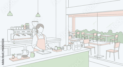 A barista preparing coffee drinks in a modern, bright cafe setting.