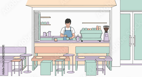 A young entrepreneur barista works at his modern coffee stall, the AIzaSyA4MiyLO_iMNz9cmtUvUYng6zwvjaqQWt8 cafe, with pastel decor.