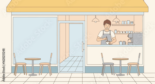 Illustration of a barista preparing a drink inside a cafe, with tables and chairs outside the storefront.