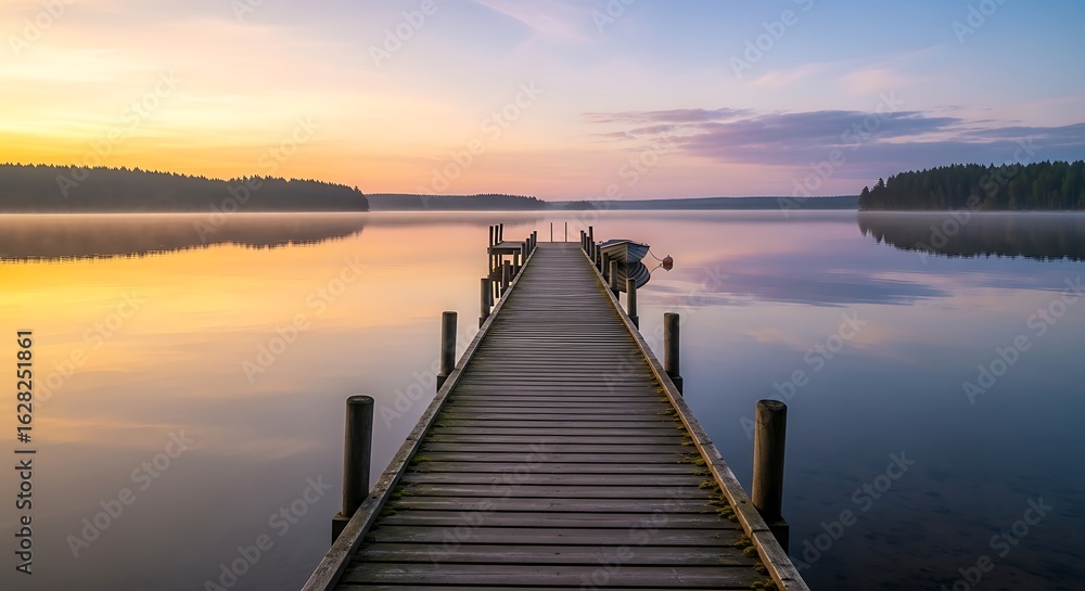Fototapeta premium Serene Lake Sunrise with Wooden Pier and Calm Water Reflection