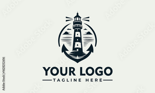 Lighthouse illustration encircled by an anchor, with waves, clouds, and light beams. Space for logo and tagline.