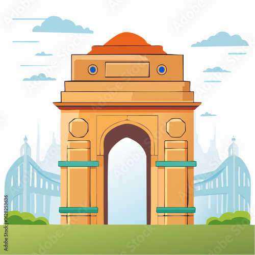 Stylized illustration of the iconic war memorial arch in New Delhi, a famous Indian landmark and tourist destination.