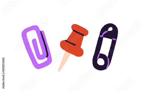 Push and safety pins, paperclip. Pushpin and plastic paper clip. Thumbtacks, pricks, clamps for notes, memos. School stationery, office supplies. Flat isolated vector illustration on white background