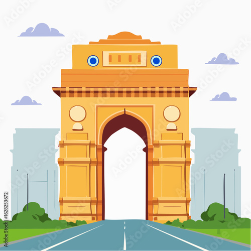 Vector illustration of a historic triumphal arch in Delhi, a symbol of Indian heritage and a famous travel landmark.