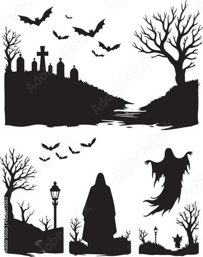 Eerie Halloween silhouettes of spooky cemetery and haunted graveyard scene