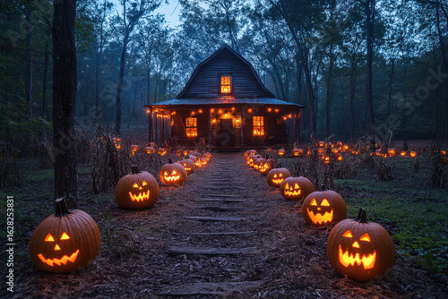 Wallpaper Mural Halloween pumpkins in front of a cabin. Torontodigital.ca