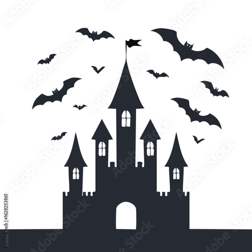 Silhouette of a haunted gothic castle with a swarm of bats flying against a white background. Spooky fantasy vector illustration.