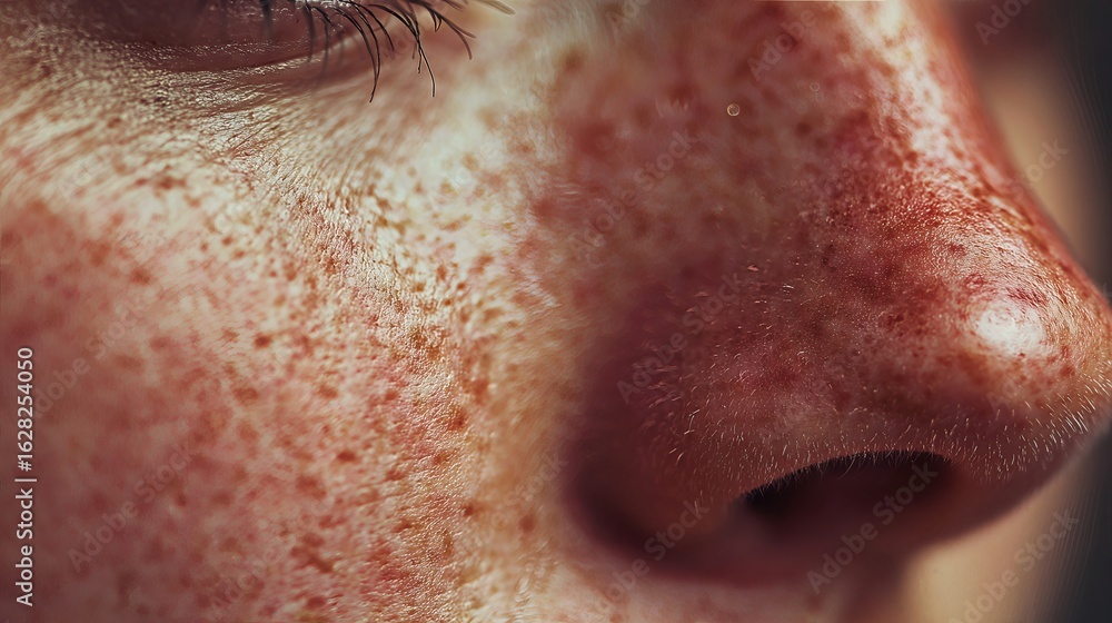 Fototapeta premium Redness and irritation around the nose are clearly shown in this close-up, emphasizing the importance of skincare and dermatological evaluation. 