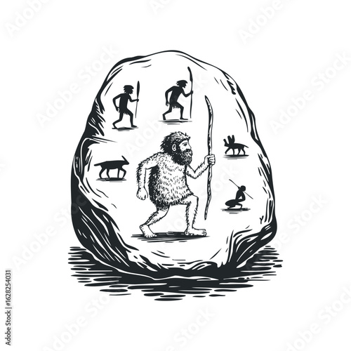 Caveman Holds Spear with Cave Paintings of Hunters and Animals on Rock