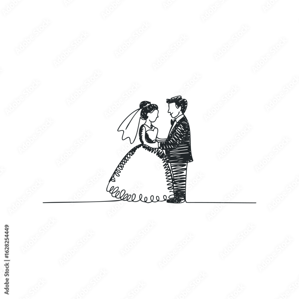 Fototapeta premium Stylized Sketch of Bride and Groom Standing Together at Wedding