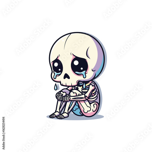 A teary-eyed skeleton sits hugging its knees, looking heartbroken. Watercolor style with soft pastels and gentle shading, set against a clean white background.