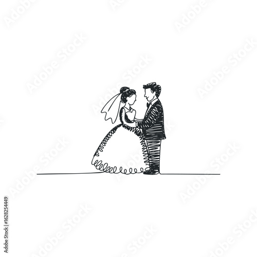 Stylized Sketch of Bride and Groom Standing Together at Wedding