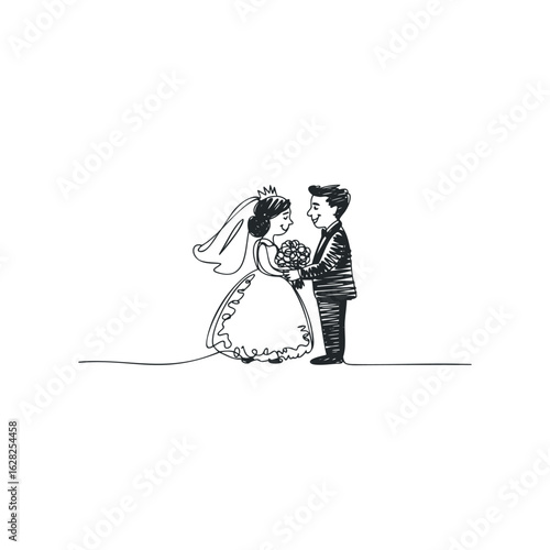 Doodle illustration depicting a wedding couple embracing during their ceremony