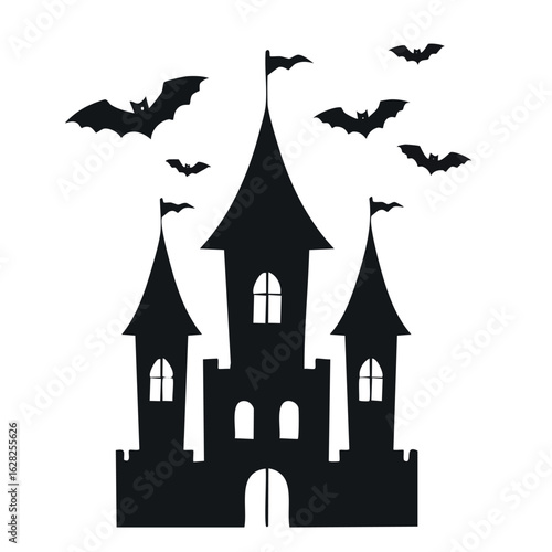 Spooky haunted castle silhouette with a swarm of flying bats for Halloween. A gothic fairytale palace or vampire citadel vector graphic.