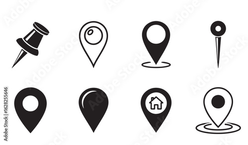 Collection of black and white location pins and navigation icons for maps and travel