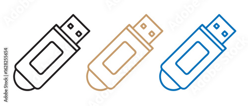 USB Flash Drive Icon Set. Black, Brown & Blue Line Drawings with Rounded Caps.