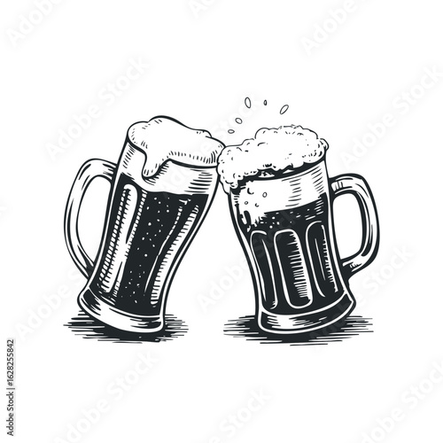 Clinking Mugs of Beer with Foam in Hand-Drawn Style for Celebration