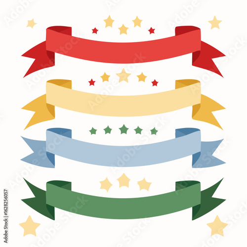 A collection of colorful flat design ribbon banners with decorative stars. Vector graphic elements for text, titles, or awards.