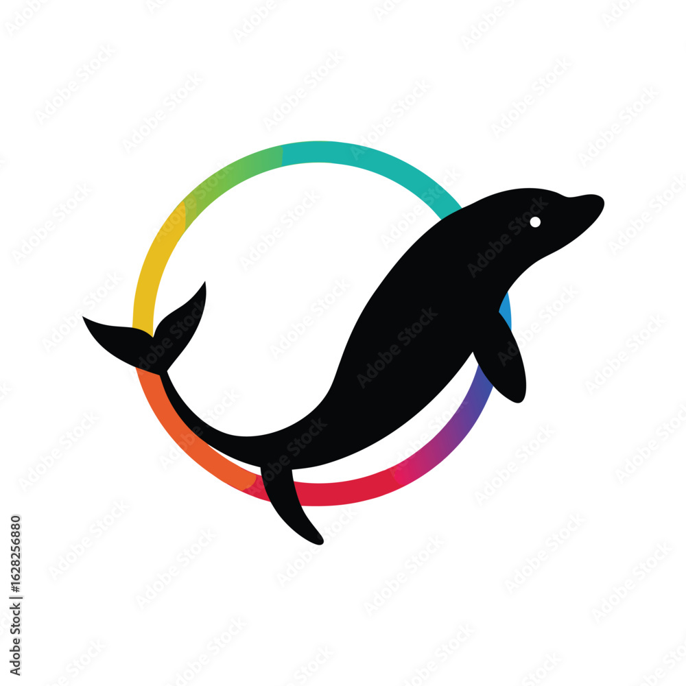 Fototapeta premium Silhouette Dolphin Jumping Through Rainbow Circle Logo animal ocean