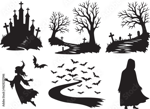 Spooky Halloween silhouettes featuring witch, graveyard, and haunted house
