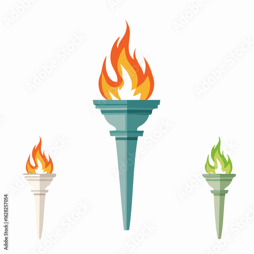Vector set of stylized torches with burning flames, including classic fire and a green magical variant. A symbol of victory and competition.