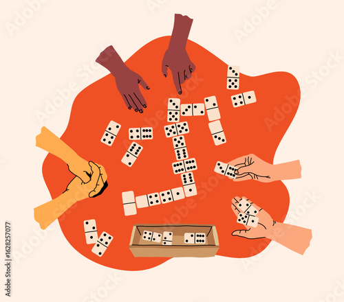Creative board game hobbies. Human arms actively playing a tabletop game. Game elements like dice, cards, and pawns. Fun social activity. Vector illustration