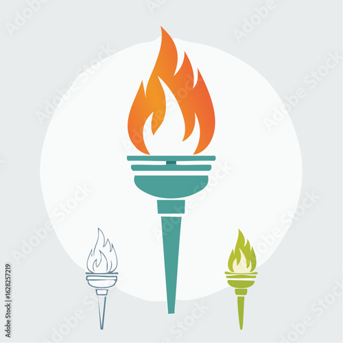 Stylized flaming torch icon set for sports championships and victory. Vector graphic symbol of competition and success.