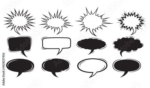 Collection of hand drawn comic speech bubbles in black and white for communication design