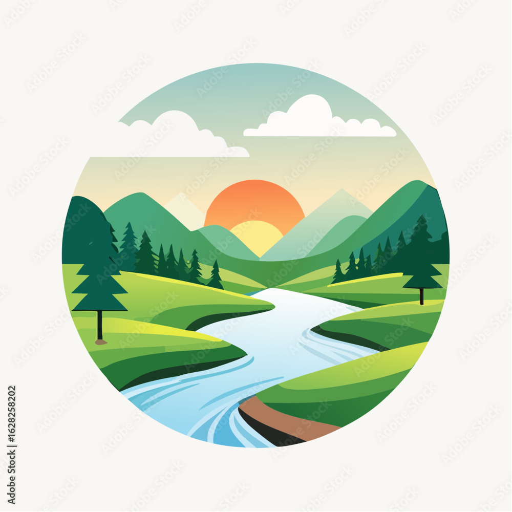 Fototapeta premium Serene Sunset Landscape: Green Valley River and Mountains Illustration