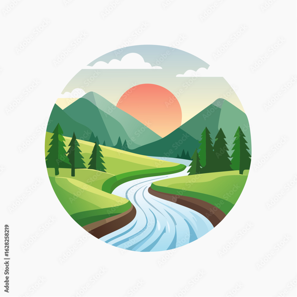 Obraz premium Serene Sunset Landscape Illustration with Winding River and Mountains