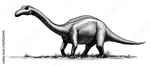 A sauropod dinosaur in a vintage woodcut style