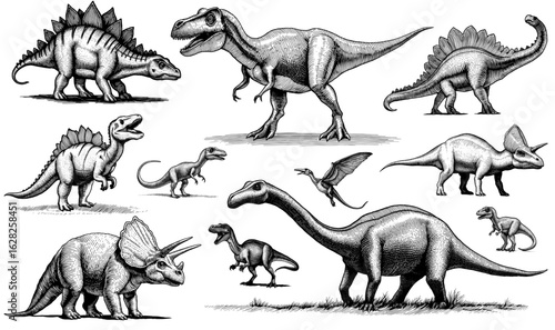 A collection of dinosaurs in a woodcut illustration style