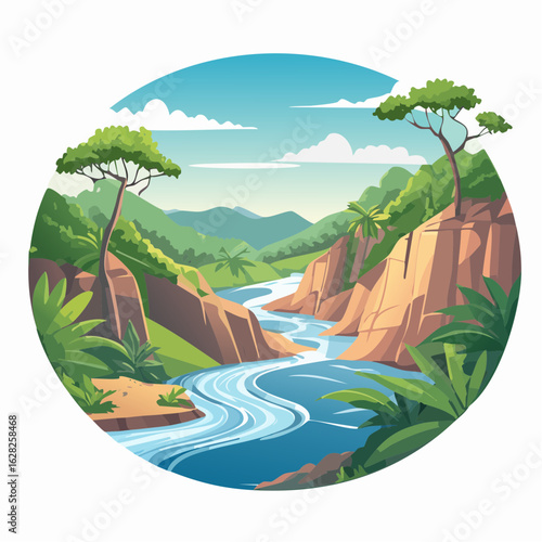 Serene Tropical River Landscape Illustration