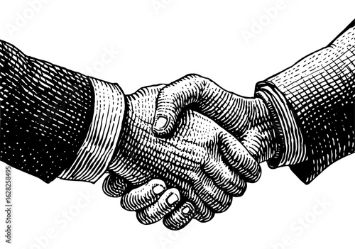 Handshake illustration in vintage woodcut style in black and white