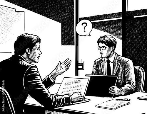 Two businessmen feeling uncertain during a confusing meeting with a question mark thought bubble