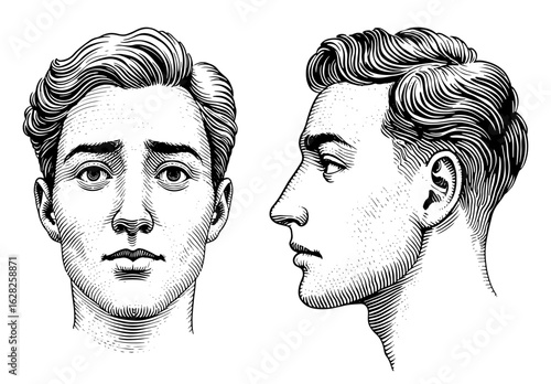 Man's face in profile and frontal views, a classic woodcut style illustration