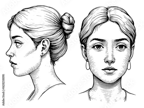 Woman's face in profile and frontal views, a classic woodcut style illustration