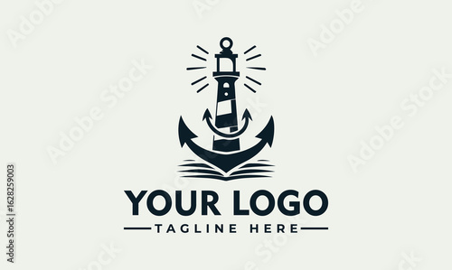 Lighthouse with radiating light, flanked by anchors, above a placeholder for a logo and tagline.