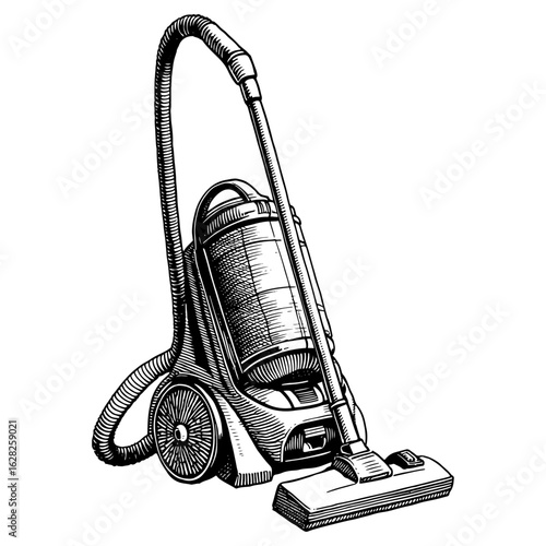 Vintage upright vacuum cleaner illustration in woodcut style black and white for cleaning concepts