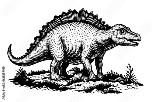 Stegosaurus dinosaur in woodcut style illustrates prehistoric nature