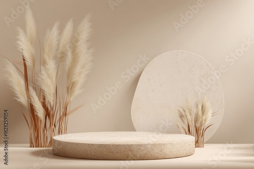 Beige, minimalist, product display.  Beige round pedestal with natural elements,  soft light, earthy tones