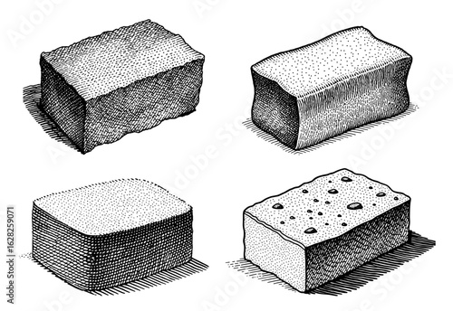 Four sponges for cleaning or washing dishes with different textures in a dotted style in black and white