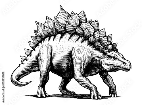 Stegosaurus dinosaur in vintage woodcut style, black and white
