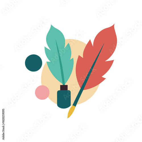 Vector art of two colorful quill pens in an inkwell with abstract shapes and circles