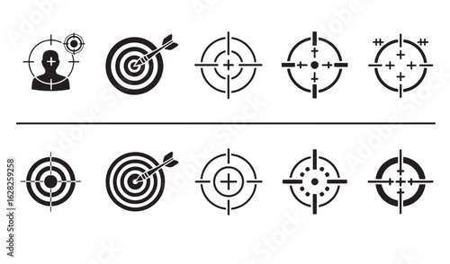Collection of various crosshairs and target icons for aiming, precision and success in design.